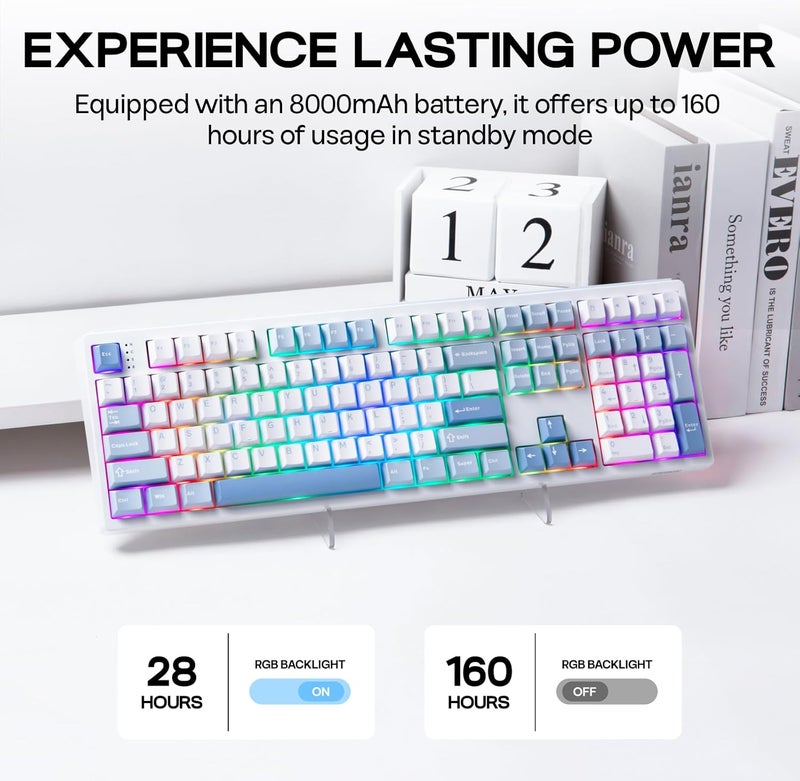 EPOMAKER TH108 Full Size Mechanical Keyboard, Wireless Gaming Keyboard with 8000mAh Battery, Creamy Gasket, 108 Keys, Hot Swap, Custom Driver, RGB Backlight (Blue&White, Sea Salt Silent) - Image 4